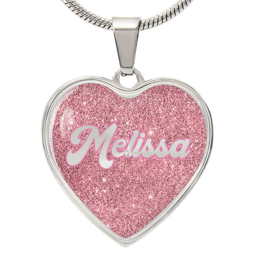 Pink Glitter Effect Heart Name Necklace with Engraved Back