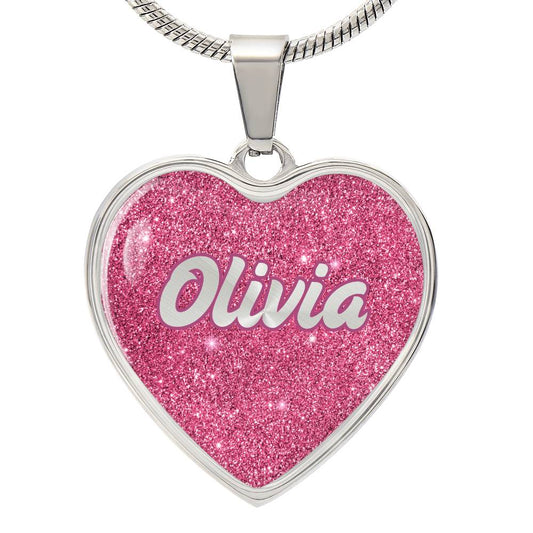 Pink Glitter Effect Heart Name Necklace