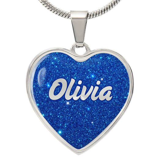 Blue Glitter Effect Heart Name Necklace